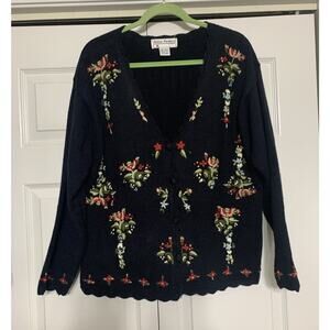 Vintage Gina Peters Cardigan Floral Knit Sweater Cottage Grandma Scalloped Hem L